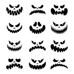 Wall Mural - Scary silhouettes of pumpkin faces set. Halloween. Vector illustration. Cartoon style. Isolated on a white background. Eerie smiling carved faces. For postcards, flyers, T-shirt printing, textiles.