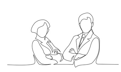 Wall Mural - Young man and woman work together in office. Continuous One line drawing