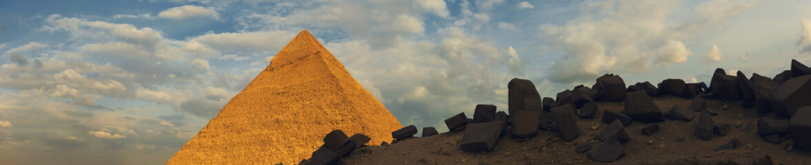 Wall Mural - Famous great Giza Pyramids in sand desert in Cairo.