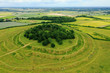 Aerial view of Badbury Rings in Dorset, United Kingdom. A historic Iron Age hill fort in east Dorset, England, which dates from around 800 BC and was in use until the Roman occupation of 43AD.