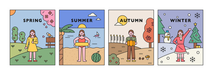 Wall Mural - four seasons background and symbolic characters. flat design style minimal vector illustration.