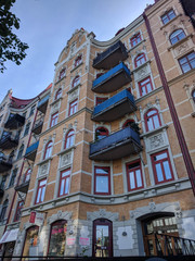 Gothenburg, Sweden - June 16 2019: the view of building facade on a typical street on June 16 2019 in Gothenburg, Sweden.