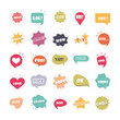slang bubbles different words and phrases in multicolor cartoon, hello omg enjoy love flat icons set