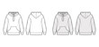 Oversized cotton-fleece hoodie technical fashion illustration with pocket, relaxed fit, long sleeves. Flat jumper apparel template front, back, white, grey color. Women, men, unisex sweatshirt top CAD