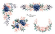 Set of watercolor floral frame bouquets of navy and peach roses and leaves. Botanic decoration illustration for wedding card, fabric, and logo composition