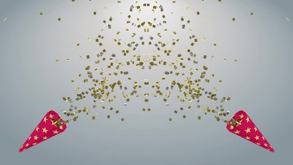 Two Party crackers exploding animation, flying confetti - Silver background
