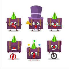 Poster - Cartoon character of purple suitcase with various circus shows