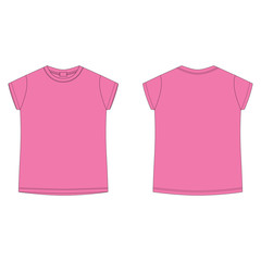 Wall Mural - Bright pink cotton t-shirt blank template. Children's technical sketch tee shirt isolated on white background. Front and back.