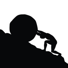 Silhouette Of Man Pushing Big Boulder Uphill On White Background. Concept Of Fatigue, Effort, Courage.