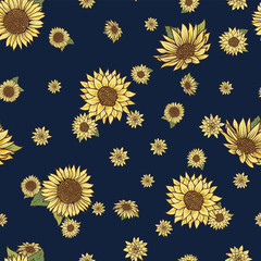 Wall Mural - seamless pattern with vintage hand drawn watercolor style sunflowers on blue navy ground design