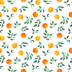 Wall Mural - Orange branches and flowers on a white background. Seamless pattern