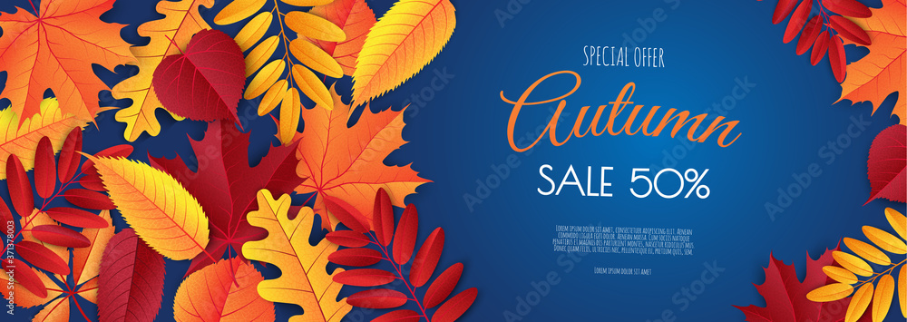 Autumn sale banner, fall season discount poster with falling leaves for shopping promotions,prints,flyers,invitations, special offer card. - obrazy, fototapety, plakaty 