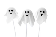 Delicious Ghost Cake Pops On White Background. Halloween Holiday