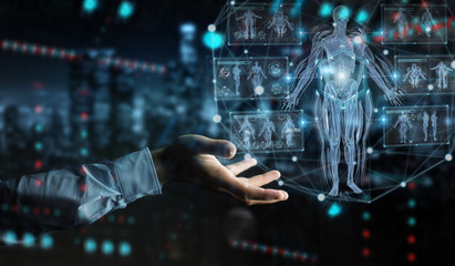 Poster - Man hand using digital x-ray human body holographic scan projection 3D rendering
