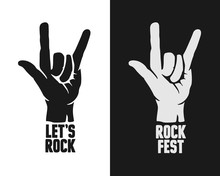 Let's Rock Typography. Rock On Hand Gesture. Vector Vintage Illustration.