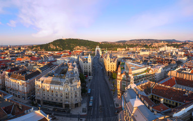 Wall Mural - Aerial view about Budapest city. Ferenciek square is in this photo with freedom Journal road. Many beautiful old buildings are there Paris court for example.