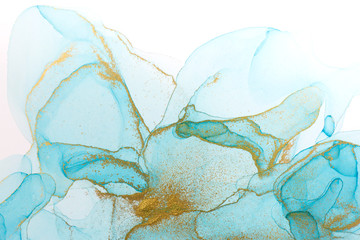 Poster - Alcohol ink blue abstract background. Ocean style watercolor texture. Blue and gold paint stains illustration