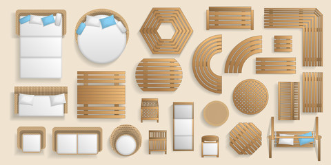 Wall Mural - Icons set. Outdoor furniture and patio items. (top view) Isolated Vector Illustration. Tables, benches, chairs, sunbeds, swings. (view from above). 