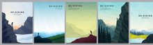 Vector Brochure Cards Set. Travel Concept Of Discovering, Exploring And Observing Nature. Hiking. Adventure Tourism. Flat Design Template Of Flyer, Magazine, Book Cover, Banner, Invitation, Poster.