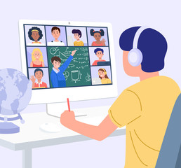 Home Education Concept. A boy learning with computer at home. Vector