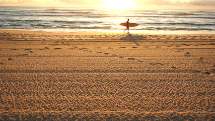 Wall Mural - one surfer walking on the beach early morning with sunrise sunshine beautiful morning