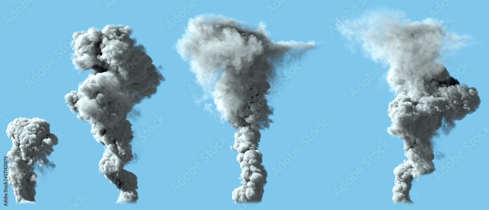 4 different renders of dense white smoke column as from volcano or large industrial explosion - pollution concept, 3d illustration of object - obrazy, fototapety, plakaty 