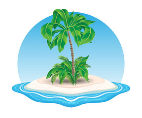 Wall Mural - Island icon with palm tree in the ocean on white background.