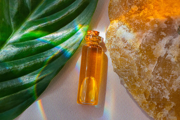 Small bottle of natural essential oil lies between beautiful stone and fresh plant leaf. Bright contrasting rainbow light. Concept for natural essences, organic cosmetics, aromatherapy, spa. Flat lay.