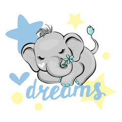 Vector illustration with a cute sleeping elephant isolated and dreams inscription on a white background. Funny animals for kids