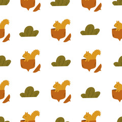 Cute seamless pattern with squirrels in nuts.