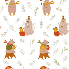 Wall Mural - Cute seamless pattern with funny cute bears, teacups, teapots and umbrellas