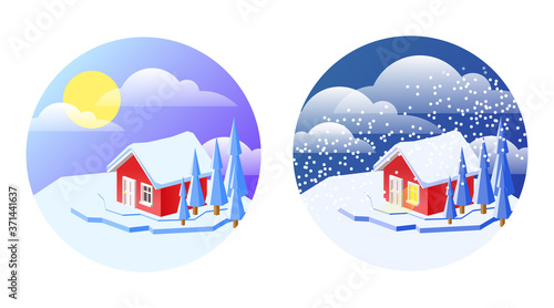 Vector illustration of 2 different winter weather. Sun and storm isolated on white.