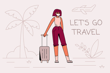 Flat vector illustration, banner of a hyperbolized female character in safety mask with luggage calling up to go travel again. Traveling after coronavirus epidemic. Borders reopen after covid pandemic