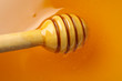 Wooden dipper in fresh honey, close up