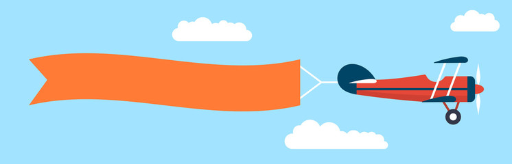 Wall Mural - Plane with banner in flat style. Biplane flying with poster. Vector