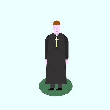 Catholic priest. Pastor reads prayer, holds cross, bible and gospel, bless parishioners. Flat cartoon illustration. Objects isolated on a white background.