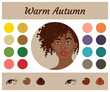 © drutska - Stock vector seasonal color analysis palette for warm autumn. Best colors for warm autumn type of female appearance. Face of young african american woman