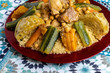 Traditional Moroccan couscous with meat and vegetables, cabbage, carrots, zucchini