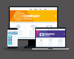 Wall Mural - mockup responsive web, concept website development in computer, laptop and smartphone vector illustration design
