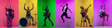 Collage Of Portraits Of 5 Young Emotional Talented Musicians On Multicolored Background In Neon Light. Concept Of Human Emotions, Facial Expression, Sales. Playing Guitar, Singing, Dancing, Jumping.