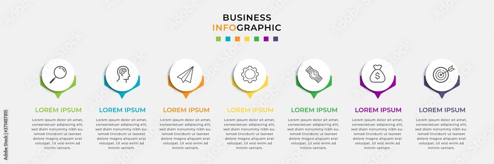 Business Infographic design template Vector with icons and 7 seven options or steps. Can be used for process diagram, presentations, workflow layout, banner, flow chart, info graph - obrazy, fototapety, plakaty 