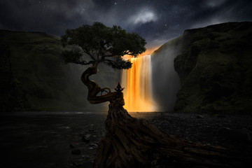 Wall Mural - woman doing yoga in front of a magic waterfall