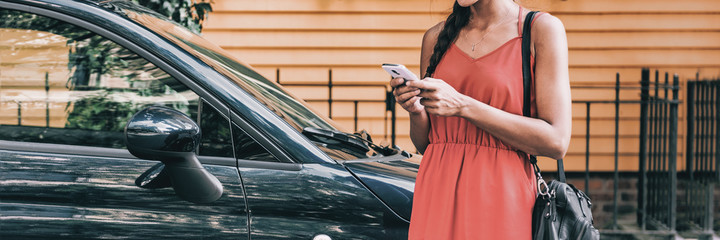 Car sharing rideshare mobile phone app woman using smartphone online to rent on travel holiday. Banner panorama. Technology device.