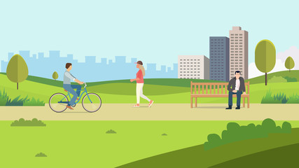 Wall Mural - People in public park with town background.Vector illustration.Nature landscsape with people recreation.