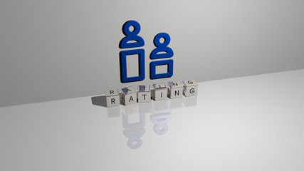 rating text of cubic dice letters on the floor and 3D icon on the wall - 3D illustration for concept and business