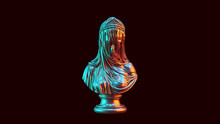 Silver Woman Bust Sculpture With Drapery With Red Orange And Blue Green Moody 80s Lighting 3d Illustration 3d Render