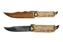 Isolated Antique Hunting Knife With Wooden Fur Handle.