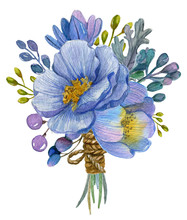 Beautiful Watercolor Bouquet With Blue Flower, Foliage, Branches. Hand Painted Lovely Illustration.Can Be Used For Greeting Card, Wedding, Invitation, Lettering. 