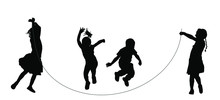 Happy Joyful Kids, Little Boys And Girls Doing Exercises, Skipping With Jump Rope Vector Silhouette Isolated On White. Funny Game Children Jumping Rope. Smiling Child Enjoy, Daughter And Son Play Game