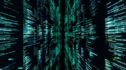 Source codes in cyberspace on black background. Animation. Inside software or matrix with 3D walls of source code. Dipping into matrix through passageway from source codes